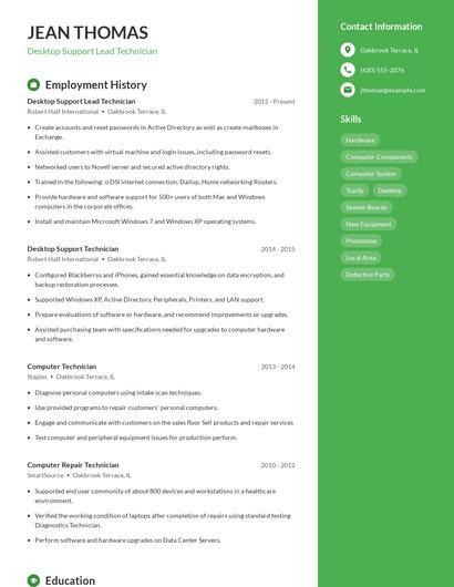 Desktop Support Lead Technician Resume