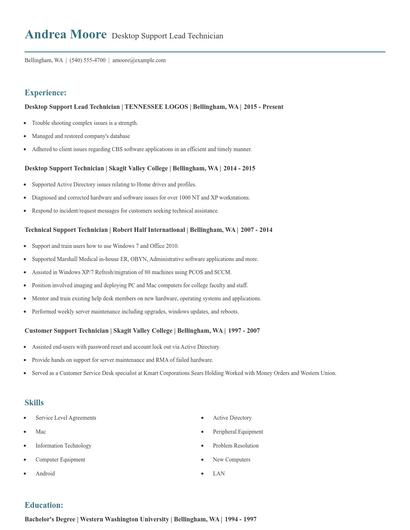 Desktop Support Lead Technician Resume