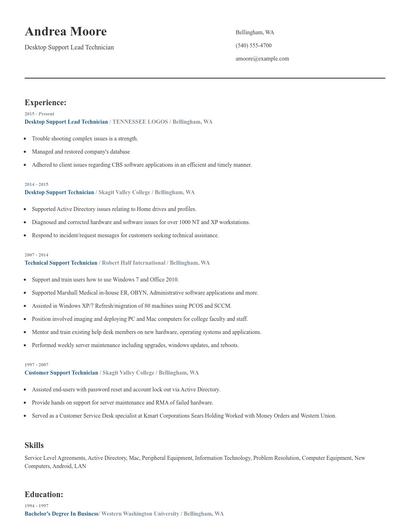 Desktop Support Lead Technician Resume