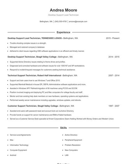 Desktop Support Lead Technician Resume