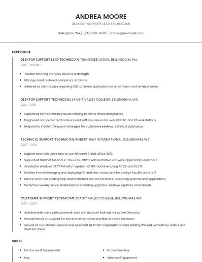Desktop Support Lead Technician Resume