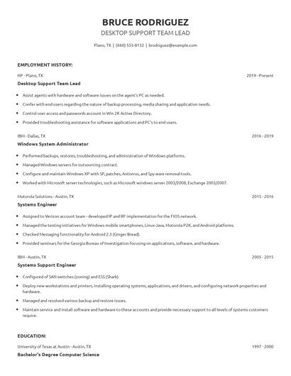 Desktop Support Team Lead Resume
