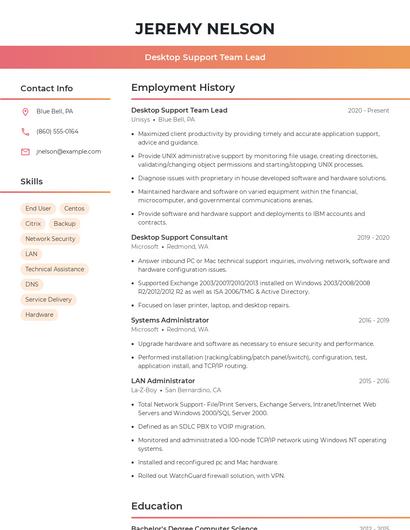 Desktop Support Team Lead Resume