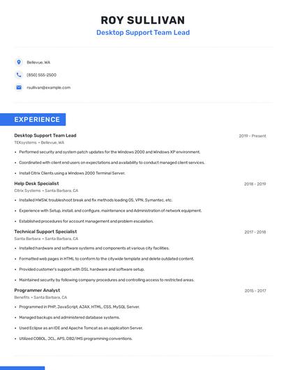 Desktop Support Team Lead Resume