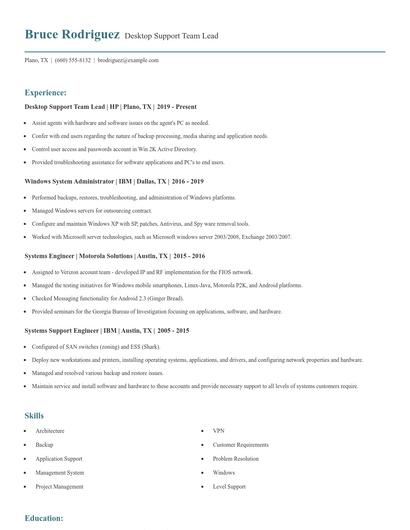 Desktop Support Team Lead Resume