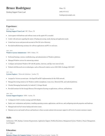 Desktop Support Team Lead Resume