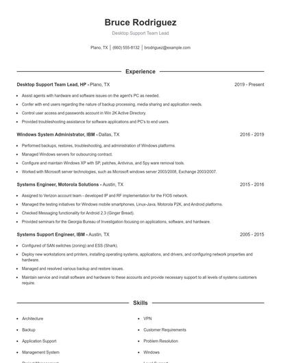 Desktop Support Team Lead Resume