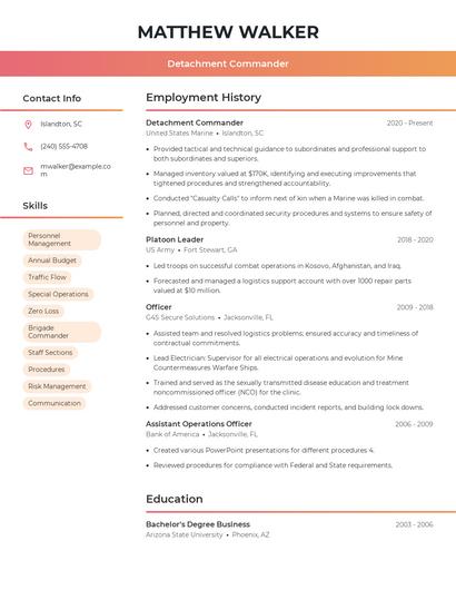 Detachment Commander Resume