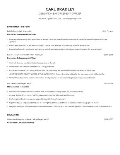 Detention Enforcement Officer Resume