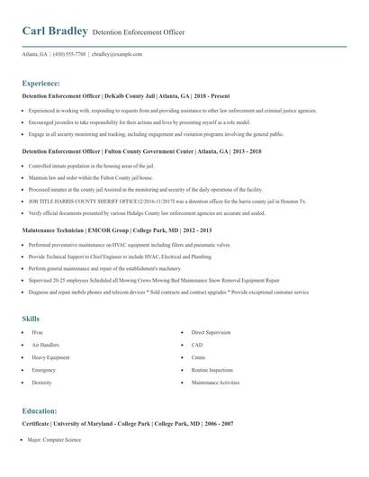 Detention Enforcement Officer Resume