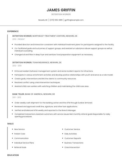 Detention Worker Resume