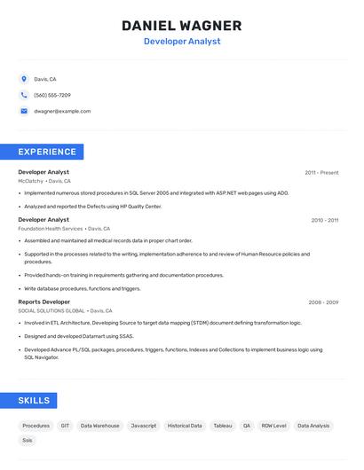 Developer Analyst Resume