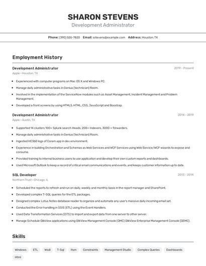 Development Administrator Resume