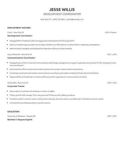 Development Coordinator Resume
