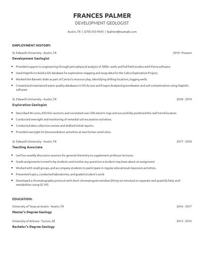 Development Geologist Resume