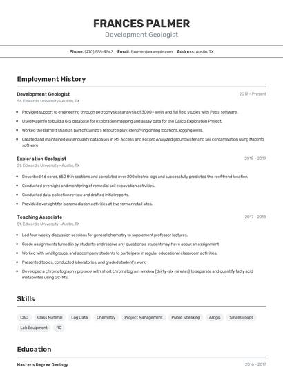Development Geologist Resume