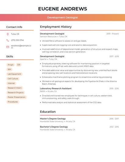 Development Geologist Resume