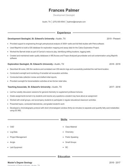 Development Geologist Resume