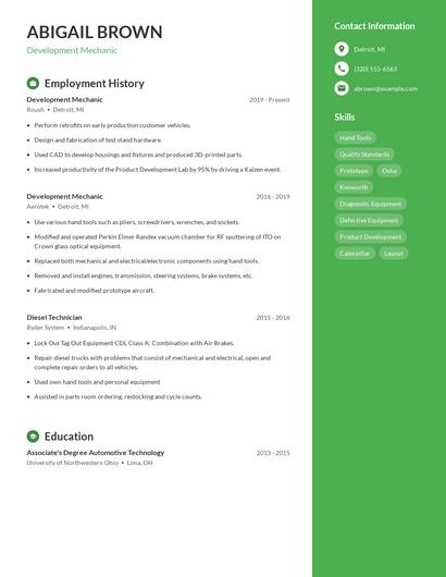 Development Mechanic Resume
