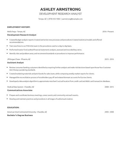 Development Research Analyst Resume