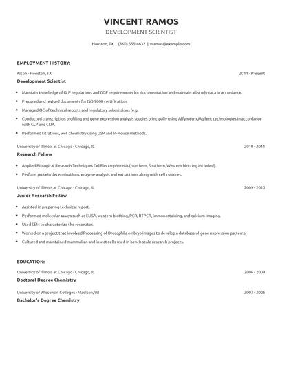 Development Scientist Resume