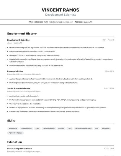 Development Scientist Resume