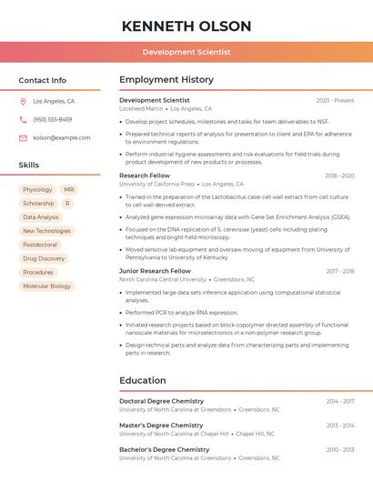 Development Scientist Resume