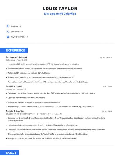 Development Scientist Resume
