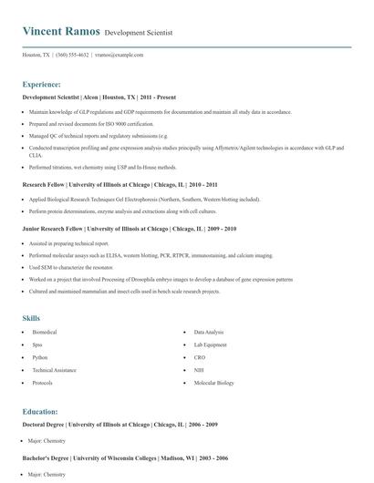 Development Scientist Resume