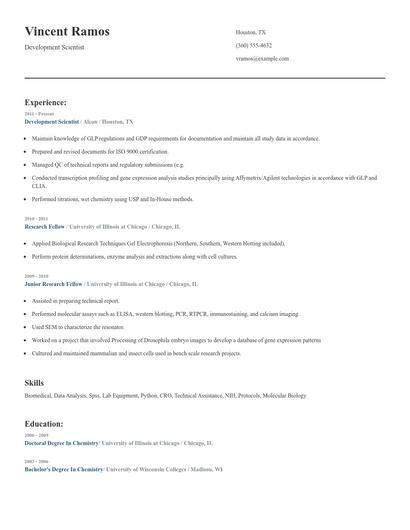 Development Scientist Resume