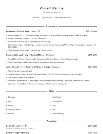 Development Scientist Resume