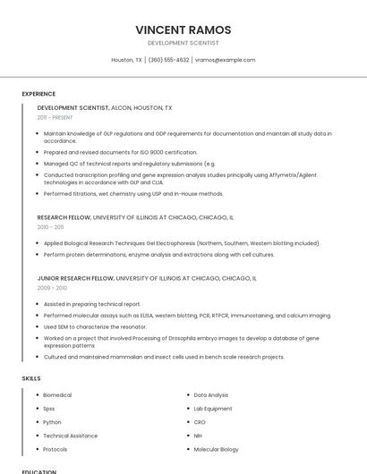 Development Scientist Resume