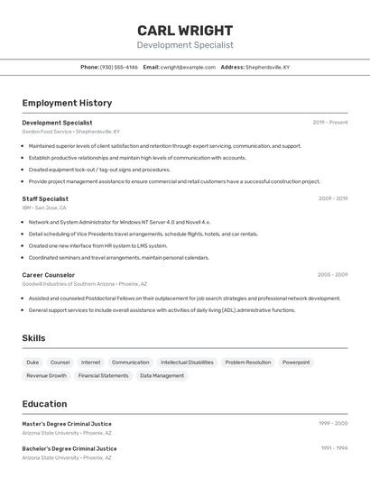 Development Specialist Resume