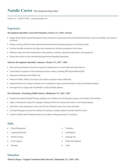 Development Specialist Resume