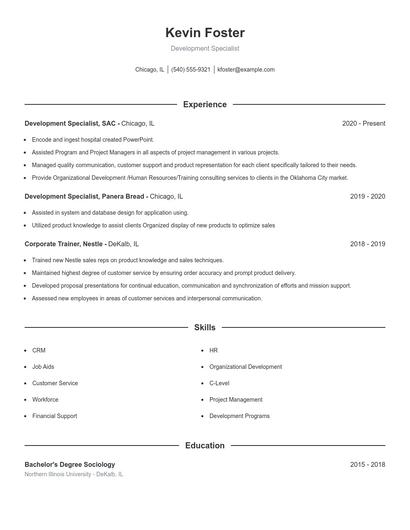Development Specialist Resume