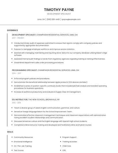 Development Specialist Resume