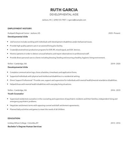 Developmental Aide Resume