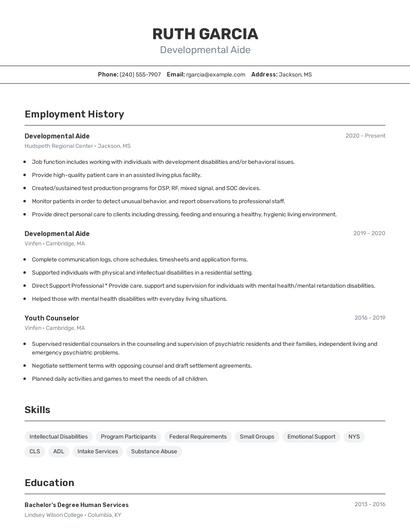 Developmental Aide Resume