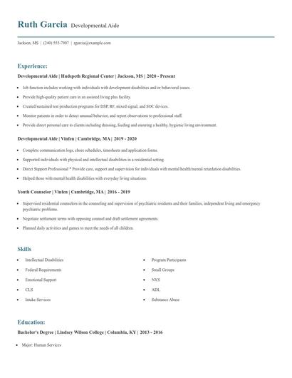 Developmental Aide Resume