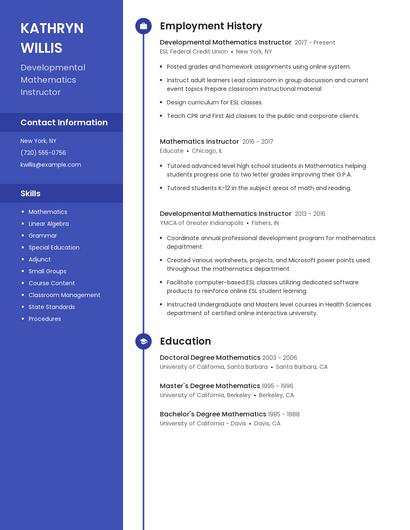 Developmental Mathematics Instructor Resume