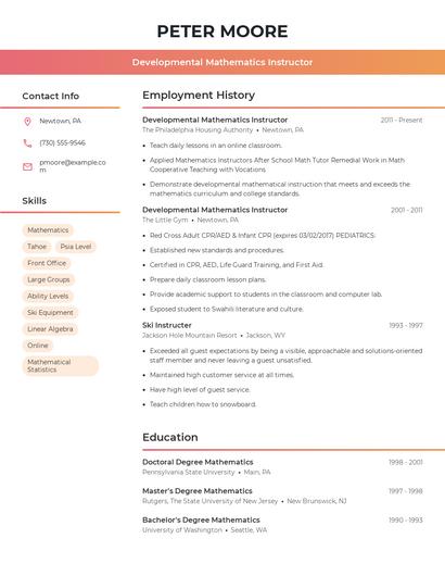 Developmental Mathematics Instructor Resume