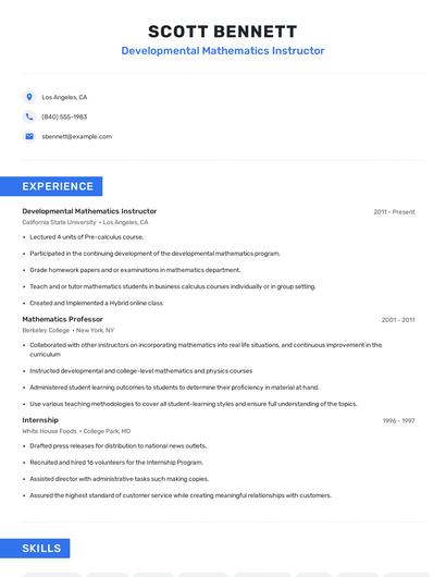 Developmental Mathematics Instructor Resume