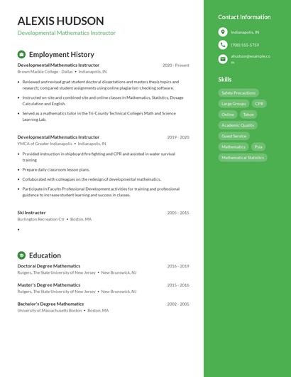 Developmental Mathematics Instructor Resume