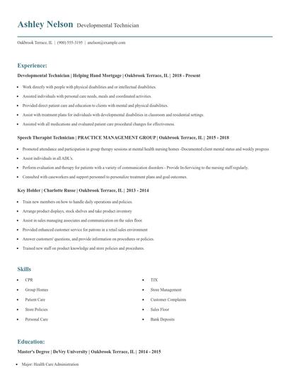 Developmental Technician Resume