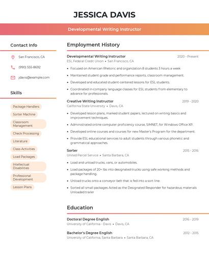 Developmental Writing Instructor Resume