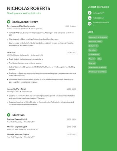 Developmental Writing Instructor Resume