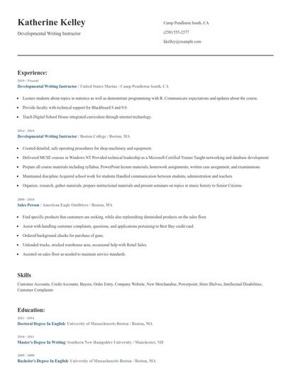Developmental Writing Instructor Resume