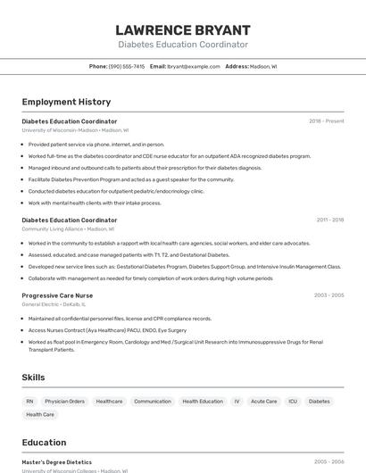 Diabetes Education Coordinator Resume