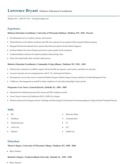 Diabetes Education Coordinator Resume