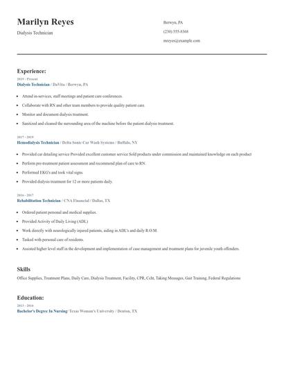Dialysis Technician Resume